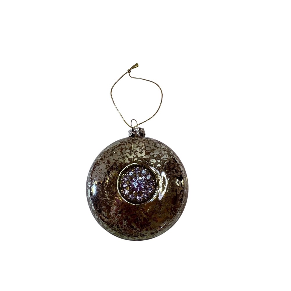 Vintage Gold Mercury Glass Rhinestone Medallion‎ Christmas Ornament 4 Inch Disc